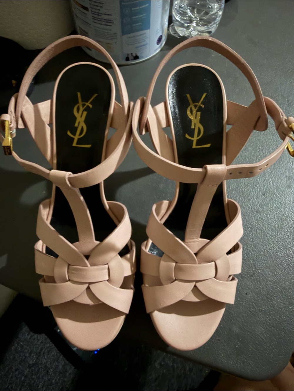 Saint Laurent Pink Leather Woven T-Strap Heels